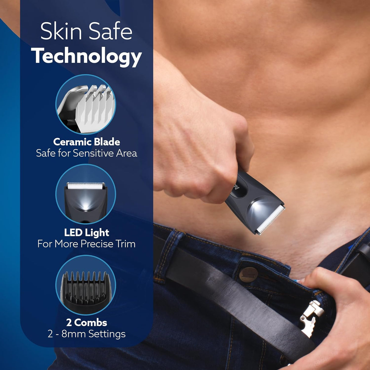 AGARO Grand Men Body Trimmer for Beard, Armpit, Chest, Pubic & legs, Skin Safe Technology, Self - Sharpening Ceramic Blades, Type C Fast Charging, 120 Min Usage, Waterproof (IPX7), Cordless, LED Light - Vamzn#