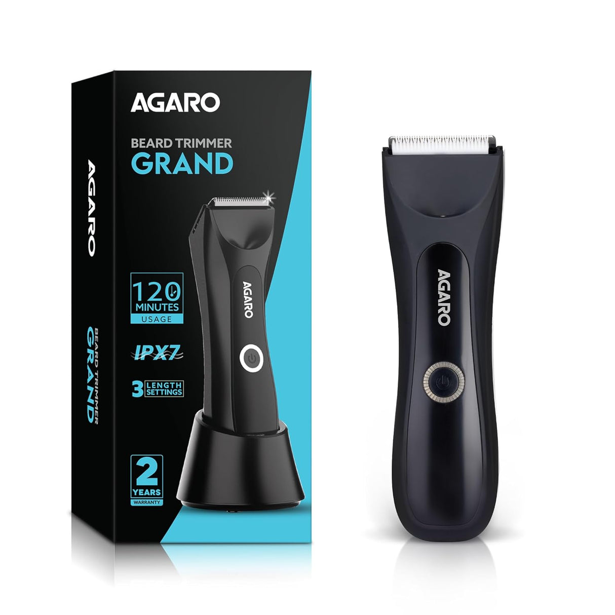 AGARO Grand Men Body Trimmer for Beard, Armpit, Chest, Pubic & legs, Skin Safe Technology, Self - Sharpening Ceramic Blades, Type C Fast Charging, 120 Min Usage, Waterproof (IPX7), Cordless, LED Light - Vamzn#