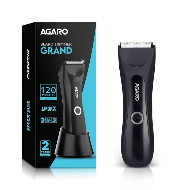 AGARO Grand Men Body Trimmer for Beard, Armpit, Chest, Pubic & legs, Skin Safe Technology, Self - Sharpening Ceramic Blades, Type C Fast Charging, 120 Min Usage, Waterproof (IPX7), Cordless, LED Light - Vamzn#
