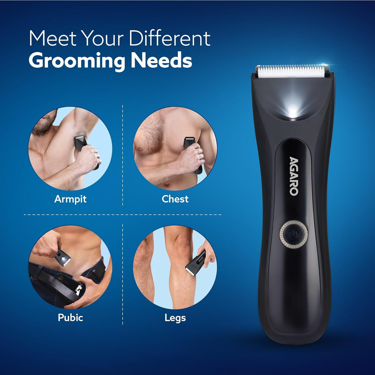 AGARO Grand Men Body Trimmer for Beard, Armpit, Chest, Pubic & legs, Skin Safe Technology, Self - Sharpening Ceramic Blades, Type C Fast Charging, 120 Min Usage, Waterproof (IPX7), Cordless, LED Light - Vamzn#