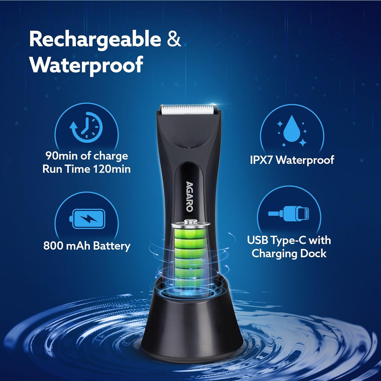 AGARO Grand Men Body Trimmer for Beard, Armpit, Chest, Pubic & legs, Skin Safe Technology, Self - Sharpening Ceramic Blades, Type C Fast Charging, 120 Min Usage, Waterproof (IPX7), Cordless, LED Light - Vamzn#