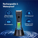 AGARO Grand Men Body Trimmer for Beard, Armpit, Chest, Pubic & legs, Skin Safe Technology, Self - Sharpening Ceramic Blades, Type C Fast Charging, 120 Min Usage, Waterproof (IPX7), Cordless, LED Light - Vamzn#