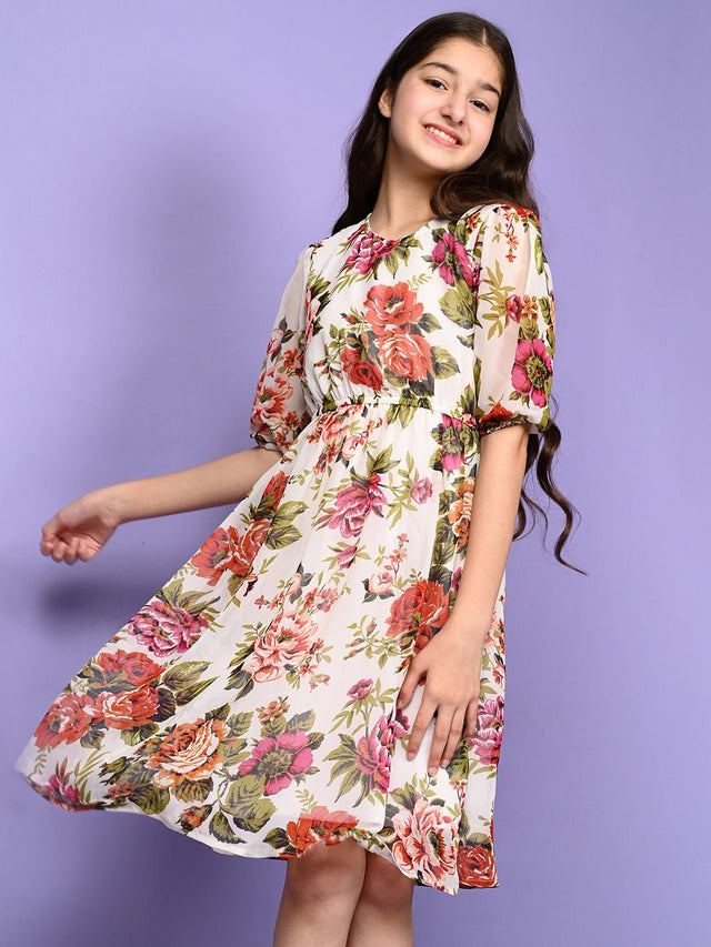 All Over Floral Printed Long Sleeve Fit n Flare Dress - Vamzn#