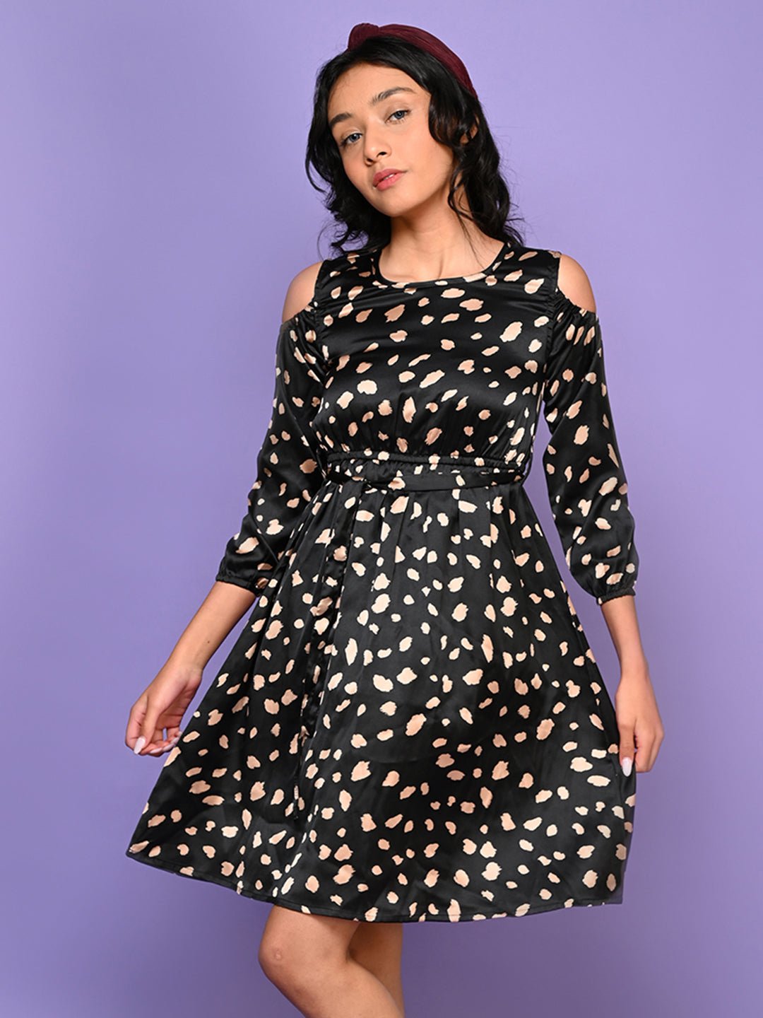 All Over Polka Printed Cold Shoulder Fit n Flare Dress - Vamzn#