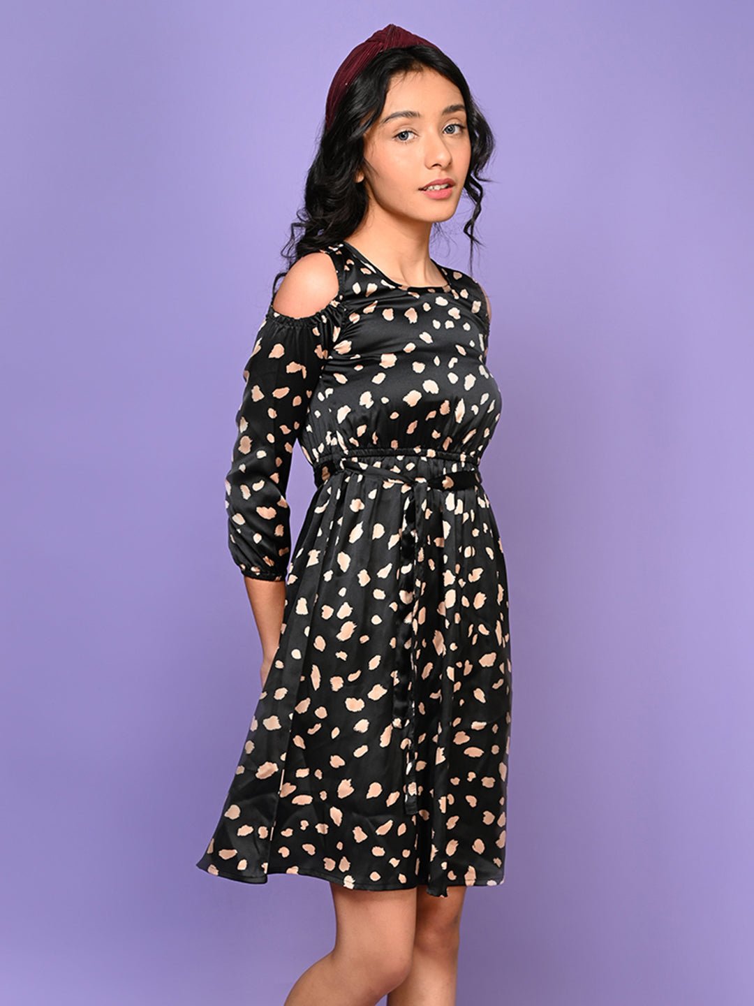 All Over Polka Printed Cold Shoulder Fit n Flare Dress - Vamzn#