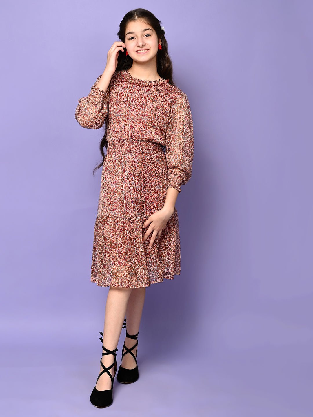 All Over Printed Drop Waist Long Sleeve Dress - Vamzn#