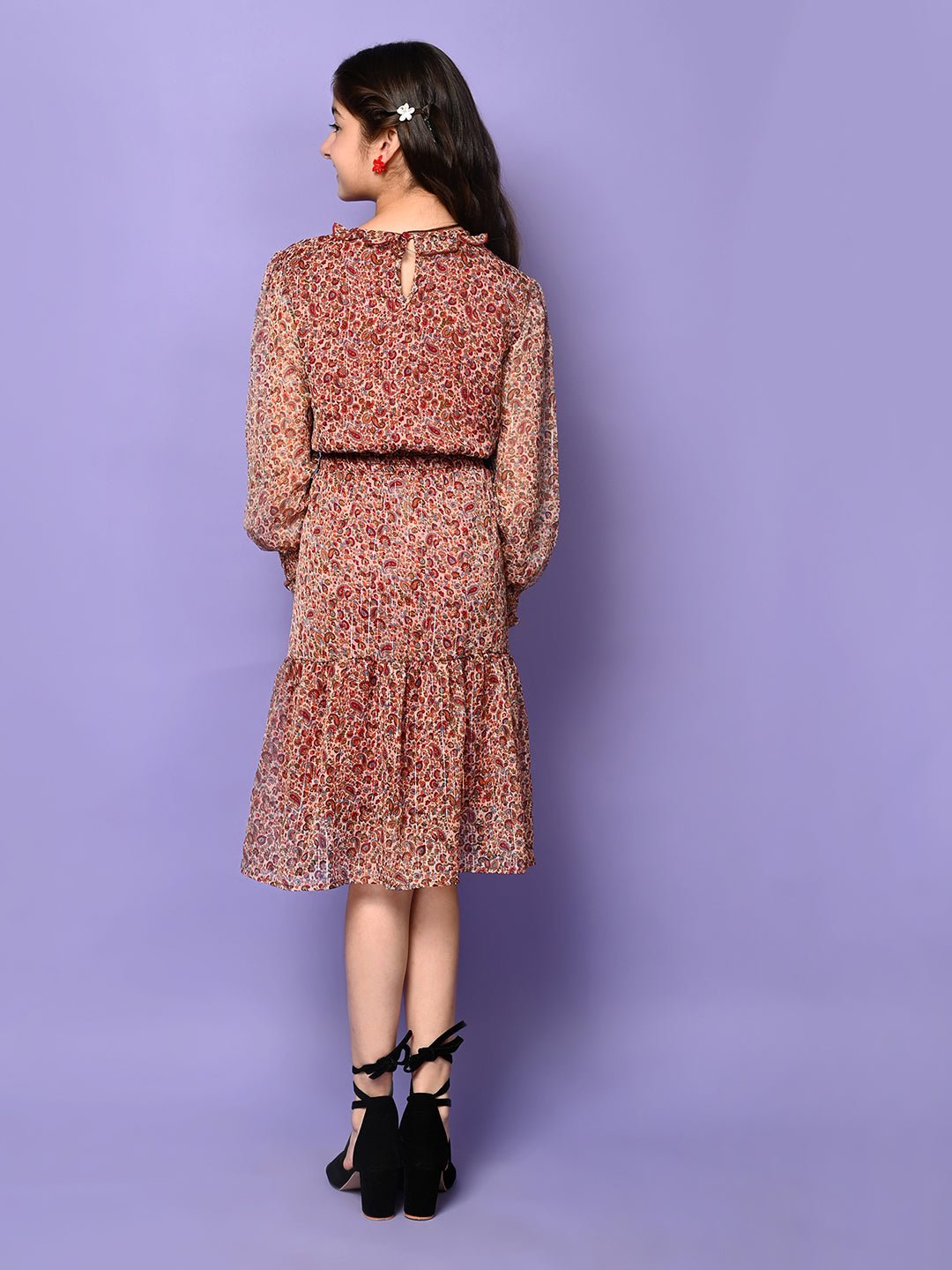 All Over Printed Drop Waist Long Sleeve Dress - Vamzn#