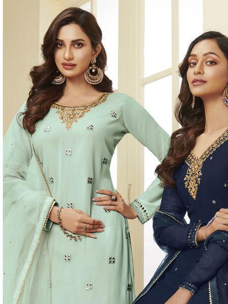 Aqua Blue Georgette Embroidered Palazzo Suit - Vamzn#