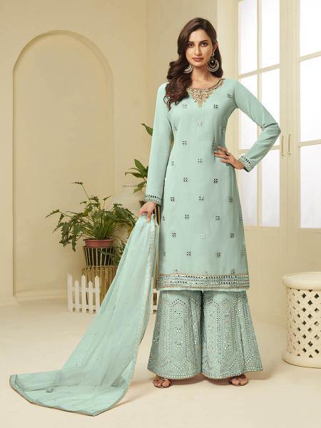 Aqua Blue Georgette Embroidered Palazzo Suit - Vamzn#