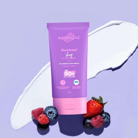 Aqualogica lluminate+ Dewy All Skin Type Sunscreen Spf 50+ Pa++++ With Wild Berries&Alpha Arbutin - 50 G Protection Against Uva/B&Blue Light Protection Fragrance - Free For Luminous&Sun Protected Skin - Vamzn#