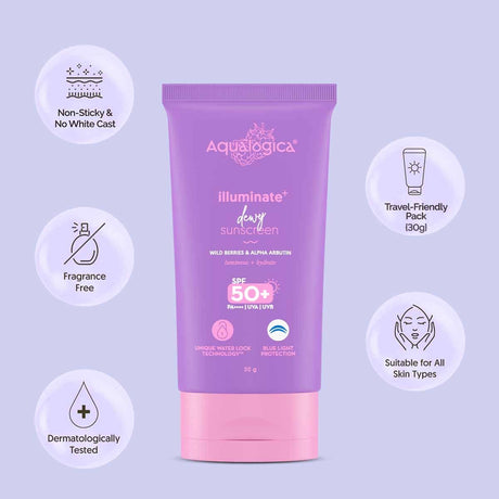 Aqualogica lluminate+ Dewy All Skin Type Sunscreen Spf 50+ Pa++++ With Wild Berries&Alpha Arbutin - 50 G Protection Against Uva/B&Blue Light Protection Fragrance - Free For Luminous&Sun Protected Skin - Vamzn#
