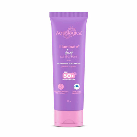 Aqualogica lluminate+ Dewy All Skin Type Sunscreen Spf 50+ Pa++++ With Wild Berries&Alpha Arbutin - 50 G Protection Against Uva/B&Blue Light Protection Fragrance - Free For Luminous&Sun Protected Skin - Vamzn#