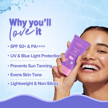 Aqualogica lluminate+ Dewy All Skin Type Sunscreen Spf 50+ Pa++++ With Wild Berries&Alpha Arbutin - 50 G Protection Against Uva/B&Blue Light Protection Fragrance - Free For Luminous&Sun Protected Skin - Vamzn#