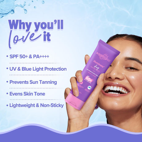 Aqualogica lluminate+ Dewy All Skin Type Sunscreen Spf 50+ Pa++++ With Wild Berries&Alpha Arbutin - 50 G Protection Against Uva/B&Blue Light Protection Fragrance - Free For Luminous&Sun Protected Skin - Vamzn#