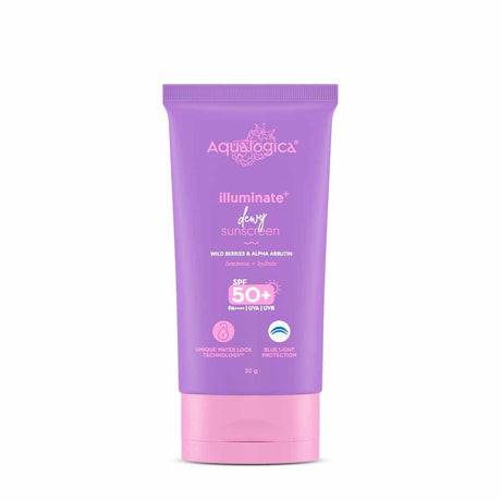 Aqualogica lluminate+ Dewy All Skin Type Sunscreen Spf 50+ Pa++++ With Wild Berries&Alpha Arbutin - 50 G Protection Against Uva/B&Blue Light Protection Fragrance - Free For Luminous&Sun Protected Skin - Vamzn#