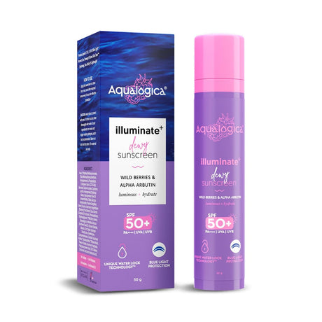 Aqualogica lluminate+ Dewy All Skin Type Sunscreen Spf 50+ Pa++++ With Wild Berries&Alpha Arbutin - 50 G Protection Against Uva/B&Blue Light Protection Fragrance - Free For Luminous&Sun Protected Skin - Vamzn#
