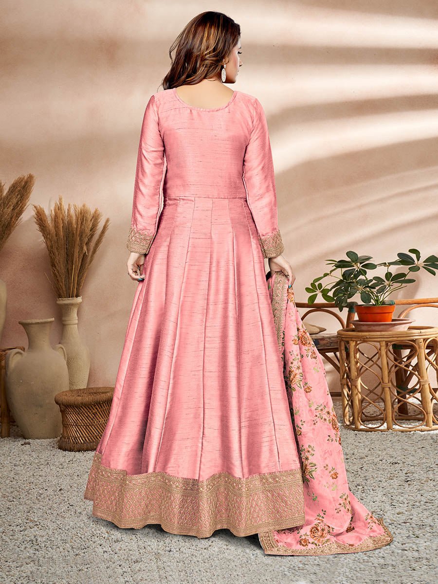 Baby Pink Art Silk Embroidered Anarkali Suit - Vamzn#