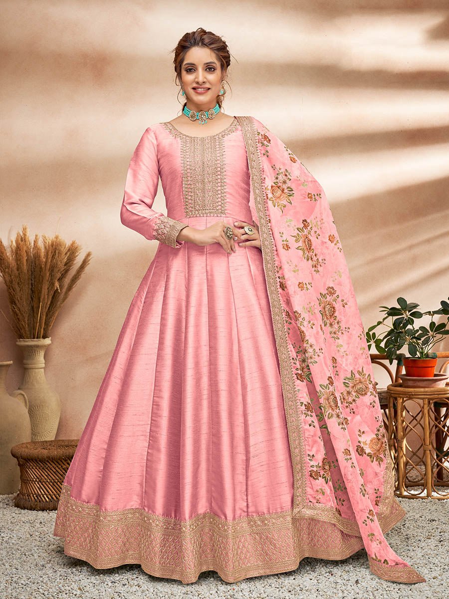 Baby Pink Art Silk Embroidered Anarkali Suit - Vamzn#