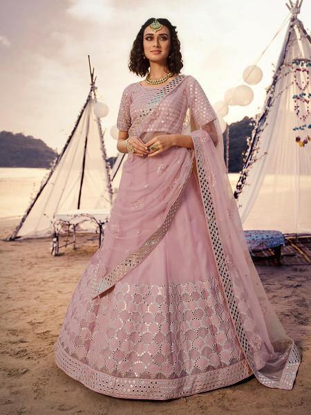 Baby Pink Embroidered Organza Lehenga - Vamzn#