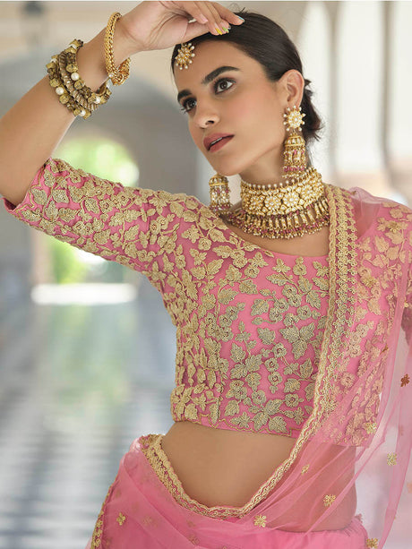 Baby Pink Net Embroidered Lehenga - Vamzn#