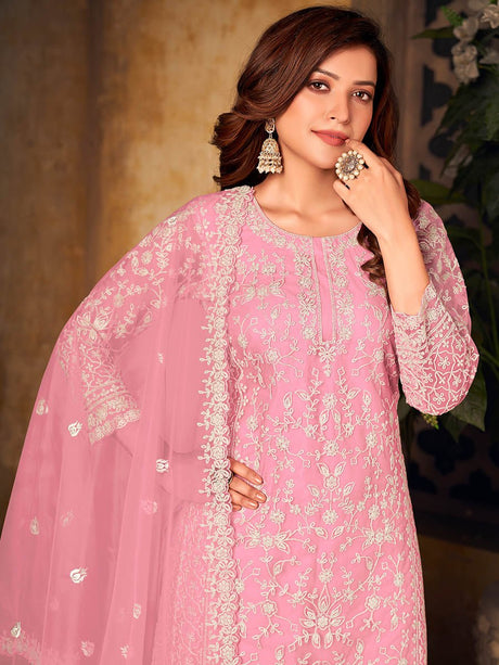 Baby Pink Net Embroidered Palazzo Suit - Vamzn#