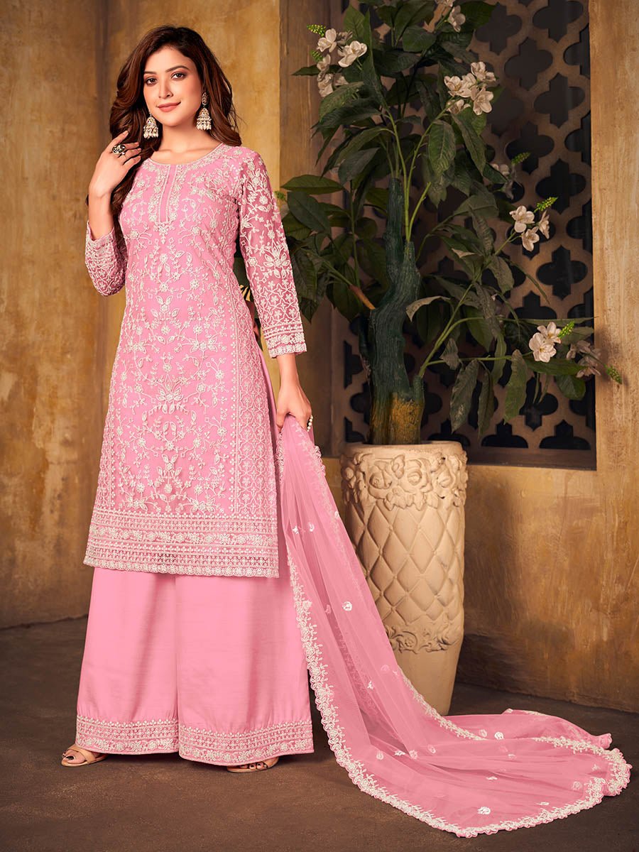 Baby Pink Net Embroidered Palazzo Suit - Vamzn#