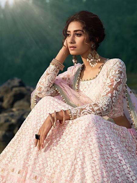 Baby Pink Net Heavy Embroidered Lehenga - Vamzn#