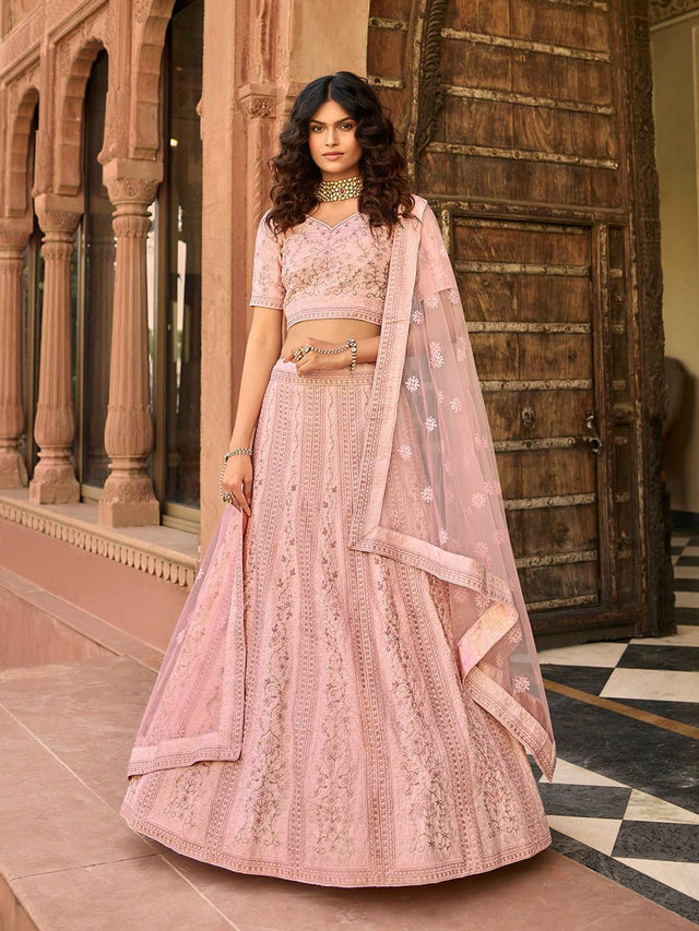 Baby Pink Organza Embroidered Lehenga - Vamzn#