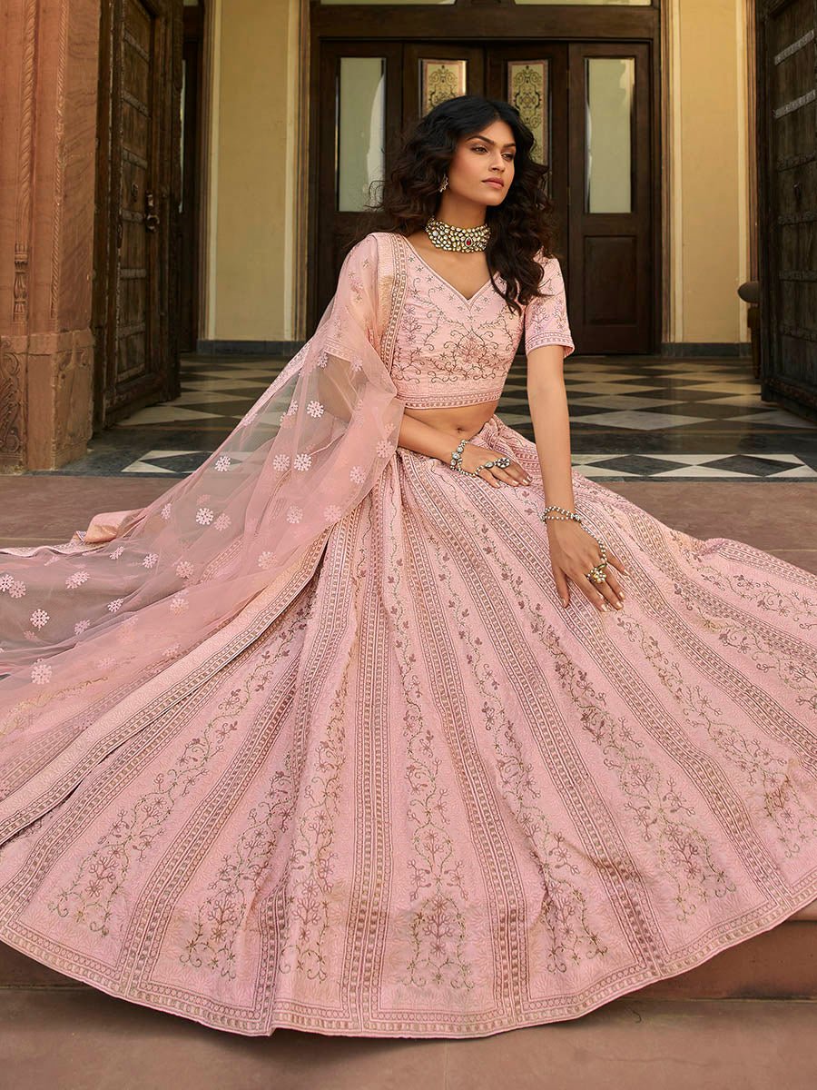 Baby Pink Organza Embroidered Lehenga - Vamzn#