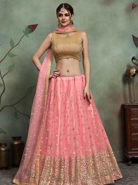 Baby Pink Soft Net Heavy Embroidered Lehenga - Vamzn#