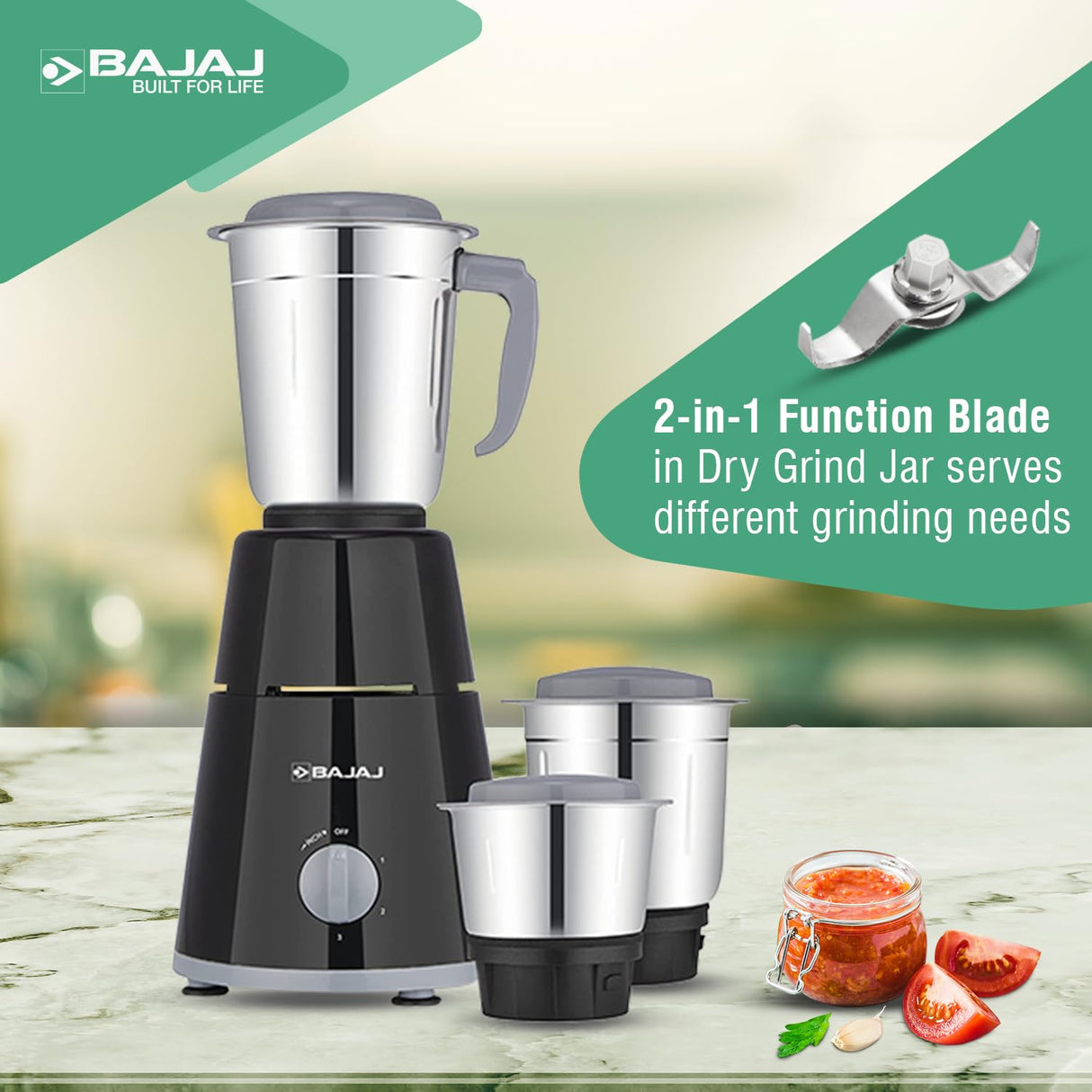 Bajaj GX - 1 Mixer Grinder 500 W|Superior Mixie For Kitchen|2 - in - 1 for Dry Grinding| Blade Function With Titan Motor|3 Stainless Steel Mixer Jars|1 Year Product Warranty By Bajaj|Black - Vamzn#