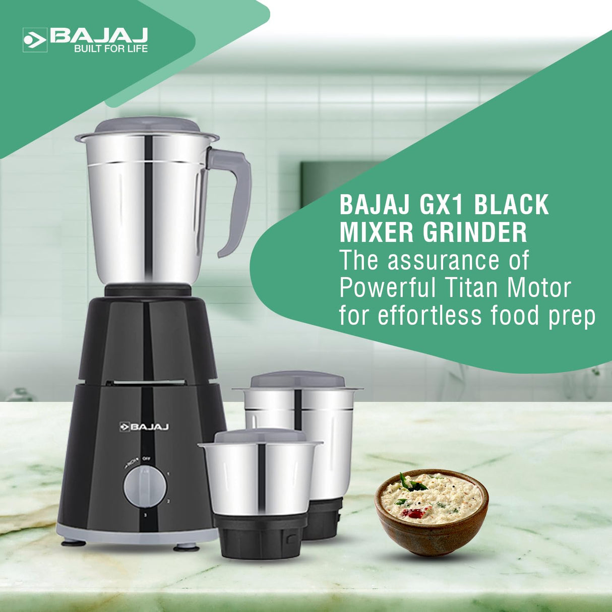 Bajaj GX - 1 Mixer Grinder 500 W|Superior Mixie For Kitchen|2 - in - 1 for Dry Grinding| Blade Function With Titan Motor|3 Stainless Steel Mixer Jars|1 Year Product Warranty By Bajaj|Black - Vamzn#