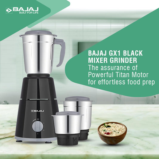 Bajaj GX - 1 Mixer Grinder 500 W|Superior Mixie For Kitchen|2 - in - 1 for Dry Grinding| Blade Function With Titan Motor|3 Stainless Steel Mixer Jars|1 Year Product Warranty By Bajaj|Black - Vamzn#
