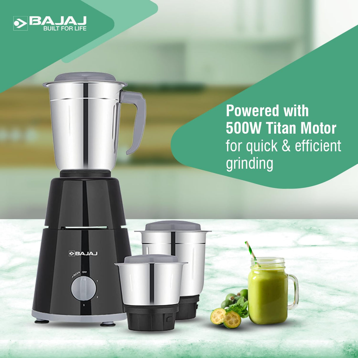 Bajaj GX - 1 Mixer Grinder 500 W|Superior Mixie For Kitchen|2 - in - 1 for Dry Grinding| Blade Function With Titan Motor|3 Stainless Steel Mixer Jars|1 Year Product Warranty By Bajaj|Black - Vamzn#