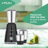 Bajaj GX - 1 Mixer Grinder 500 W|Superior Mixie For Kitchen|2 - in - 1 for Dry Grinding| Blade Function With Titan Motor|3 Stainless Steel Mixer Jars|1 Year Product Warranty By Bajaj|Black - Vamzn#