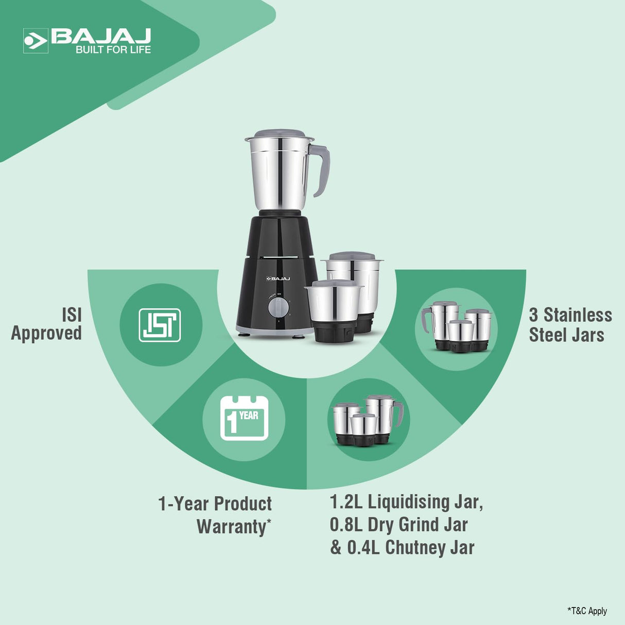 Bajaj GX - 1 Mixer Grinder 500 W|Superior Mixie For Kitchen|2 - in - 1 for Dry Grinding| Blade Function With Titan Motor|3 Stainless Steel Mixer Jars|1 Year Product Warranty By Bajaj|Black - Vamzn#