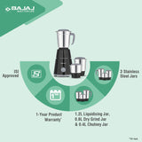 Bajaj GX - 1 Mixer Grinder 500 W|Superior Mixie For Kitchen|2 - in - 1 for Dry Grinding| Blade Function With Titan Motor|3 Stainless Steel Mixer Jars|1 Year Product Warranty By Bajaj|Black - Vamzn#