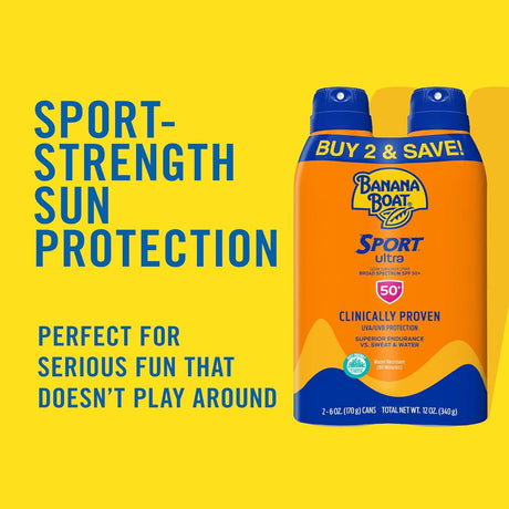 Banana Boat Sport Ultra SPF 50 Sunscreen Spray Twin Pack | Banana Boat Sunscreen Spray SPF 50, Spray On Sunscreen, Water Resistant Sunscreen, Oxybenzone Free Sunscreen Pack, 6oz each - Vamzn#