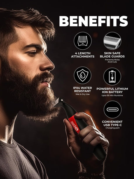 Beardo Multipurpose I Blade Trimmer & Shaver for Beard, Body, Hair & Groin | One Blade Trimmer With 4 Trimming Combs | 90 min. Run Time USB TYPE C Charging Powerful Li+ battery| Shaver For Men, Black | Gift For Brother | Gift For Friends - Vamzn#
