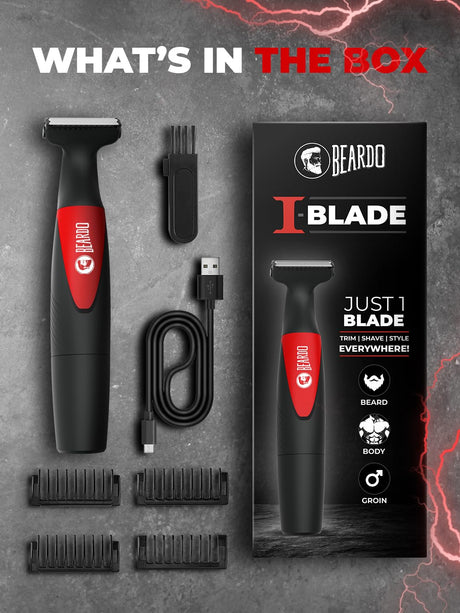 Beardo Multipurpose I Blade Trimmer & Shaver for Beard, Body, Hair & Groin | One Blade Trimmer With 4 Trimming Combs | 90 min. Run Time USB TYPE C Charging Powerful Li+ battery| Shaver For Men, Black | Gift For Brother | Gift For Friends - Vamzn#
