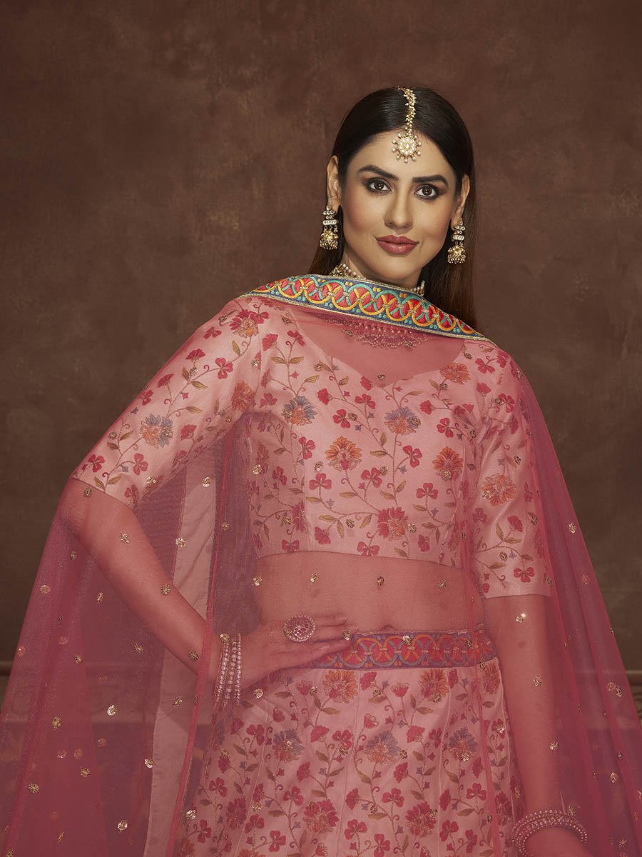 Beige and Pink Art Silk Embroidered Designer Lehenga - Vamzn#