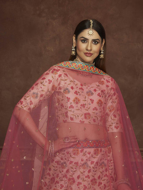 Beige and Pink Art Silk Embroidered Designer Lehenga - Vamzn#