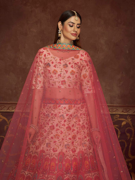 Beige and Pink Art Silk Embroidered Designer Lehenga - Vamzn#