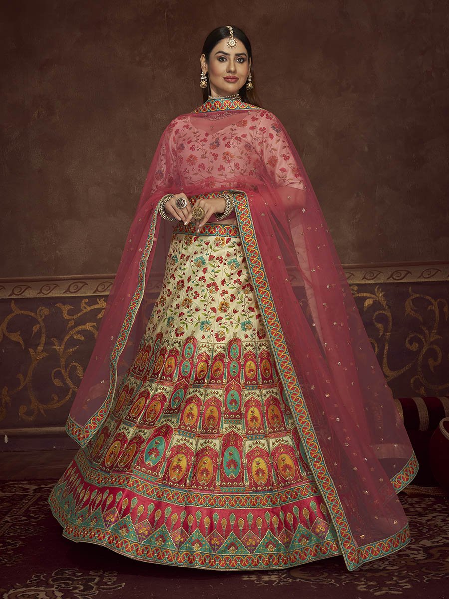 Beige and Pink Art Silk Embroidered Designer Lehenga - Vamzn#