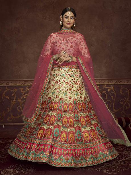 Beige and Pink Art Silk Embroidered Designer Lehenga - Vamzn#