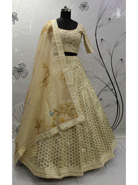 Beige Art Silk Embroidered Designer Lehenga - Vamzn#