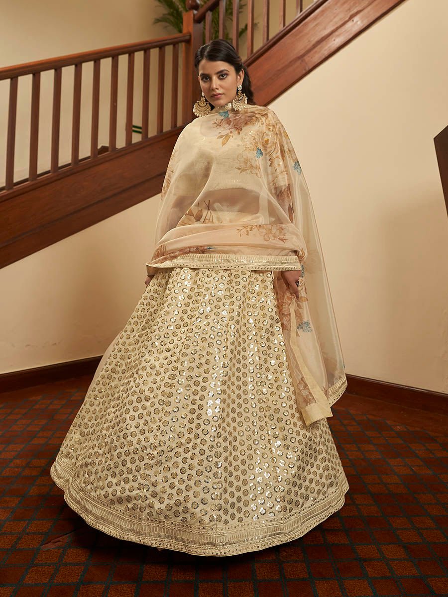 Beige Art Silk Embroidered Designer Lehenga - Vamzn#