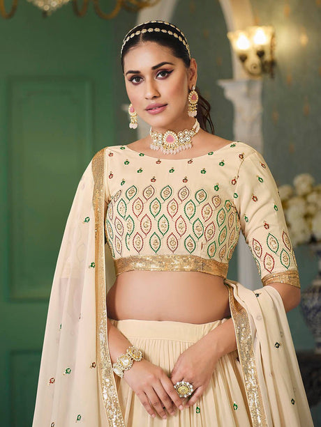 Beige Georgette Embroidered Designer Lehenga - Vamzn#