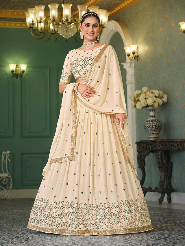 Beige Georgette Embroidered Designer Lehenga - Vamzn#