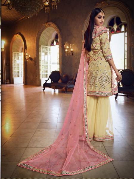 Beige Heavy Embroidered Gharara Sui - Vamzn#